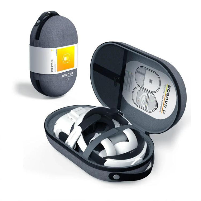 BOBOVR C2 Portable Storage Case for Oculus Quest 2 Headbands with headset and accessories in protective travel case
