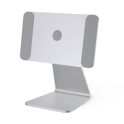 Magnetic Adjustable Aluminum Holder for iPad Pro 11 Inch on silver desk stand showing angled magnetic support and silicone pads