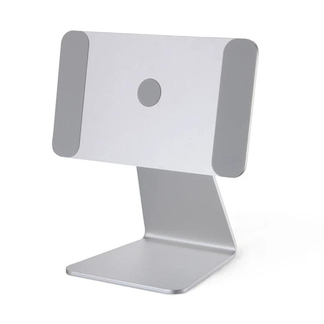 Magnetic Adjustable Aluminum Holder for iPad Pro 11 Inch on silver desk stand showing angled magnetic support and silicone pads