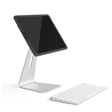 Magnetic Adjustable Aluminum Holder for iPad Pro 11 Inch on silver stand holding tablet next to wireless keyboard