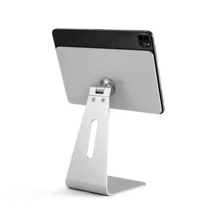 Magnetic Adjustable Aluminum Holder for iPad Pro 11 Inch on silver desk stand showing adjustable angle and secure magnetic mount