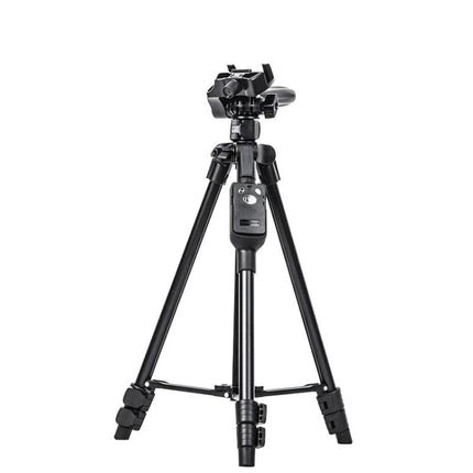 YUNTENG Portable Tripod for Smartphones with Bluetooth Remote Control showing folded black tripod with Bluetooth remote attached