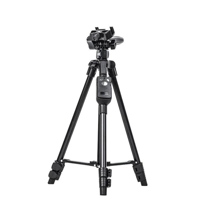 YUNTENG Portable Tripod for Smartphones with Bluetooth Remote Control showing folded black tripod with Bluetooth remote attached