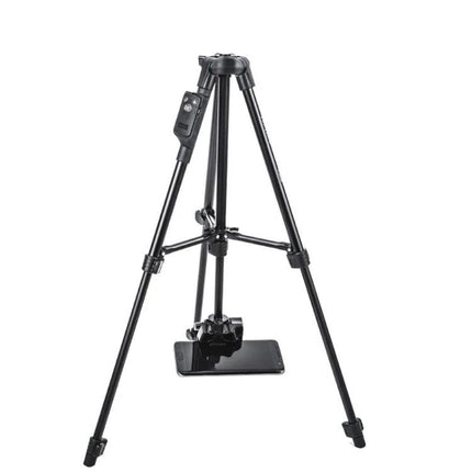 YUNTENG Portable Tripod for Smartphones with Bluetooth Remote Control shown fully extended with smartphone mount and remote for travel vlogging