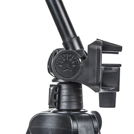 YUNTENG Portable Tripod for Smartphones with Bluetooth Remote Control close-up of adjustable head and phone mount showing tilt dial and clamp