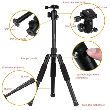 Portable Aluminum Tripod Monopod with Adjustable Ball Head showing collapsible aluminum legs, foam grips, ball head, spirit level and quick-release plate