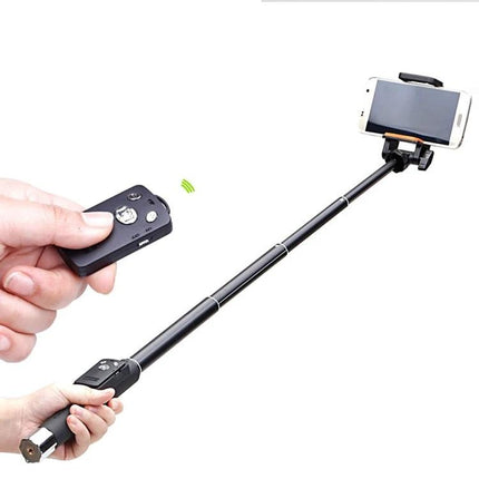 Selfie Stick for Capturing Everyday Moments with Phones shown extended with phone mounted and Bluetooth remote