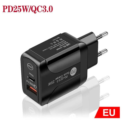 Reliable EU Plug Charger for Powering Daily Devices at Home - black PD25W QC3.0 dual-port EU wall adapter