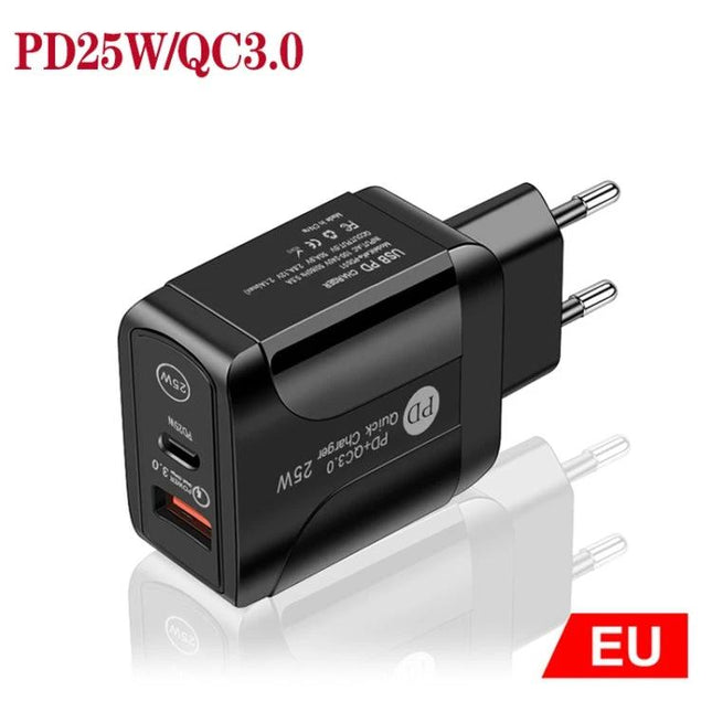 Reliable EU Plug Charger for Powering Daily Devices at Home - black PD25W QC3.0 dual-port EU wall adapter
