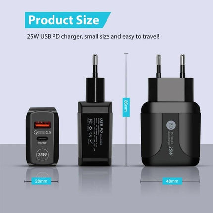 Reliable EU Plug Charger for Powering Daily Devices at Home - 25W USB PD compact EU plug charger shown front and side views, 28x48x68mm