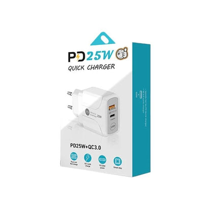 Reliable EU Plug Charger for Powering Daily Devices at Home - white PD25W+QC3.0 wall charger with USB-C and USB-A ports in retail box