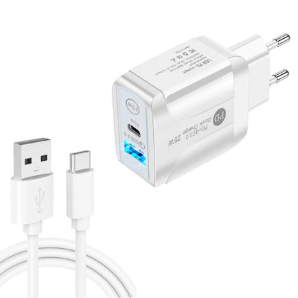 Essential Dual Port USB-C Charger for Everyday Device Powering - white dual-port wall charger with USB-C cable for phones and tablets, travel-ready