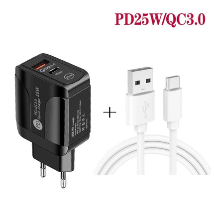 Essential Dual Port USB-C Charger for Everyday Device Powering - black PD25W/QC3.0 wall charger with USB-C to USB-A cable