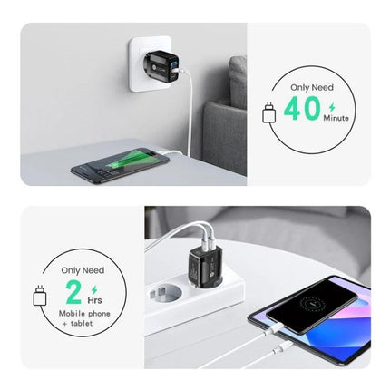 Essential Dual Port USB-C Charger for Everyday Device Powering plugged into wall and charging phone and tablet simultaneously