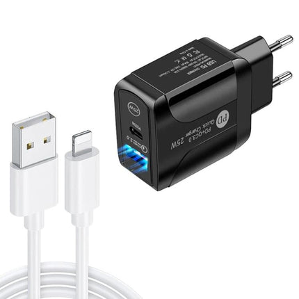 Reliable USB-C Charger for Home and Travel Device Charging - black 25W fast wall charger with LED indicator and USB-C cable for phone and tablet