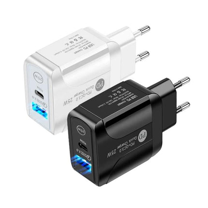 Reliable USB-C Charger for Home and Travel Device Charging - dual USB-C 25W wall charger with LED indicator, white and black