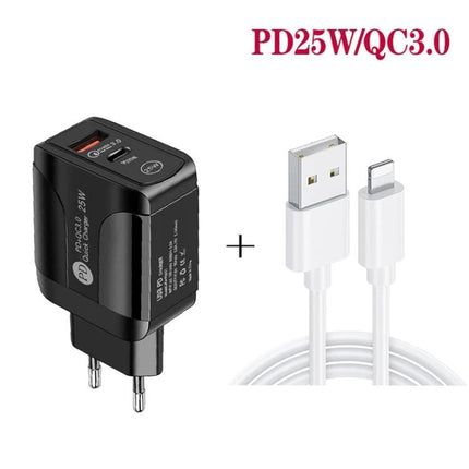 Reliable USB-C Charger for Home and Travel Device Charging - black PD25W QC3.0 wall charger with USB-C cable, fast charge LED indicator