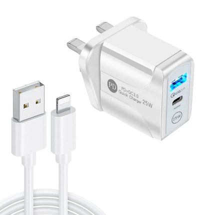 Compact UK Plug Dual Port Charger for Everyday Use white 25W PD QC3.0 fast charging adapter with USB-C cable