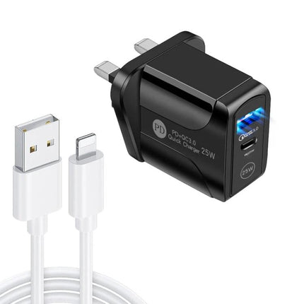 Compact UK Plug Dual Port Charger for Everyday Use - black 25W PD and QC3.0 fast charger with USB-C cable