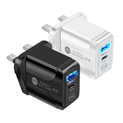 Compact UK Plug Dual Port Charger for Everyday Use - compact white and black 25W PD USB-C fast chargers with dual ports