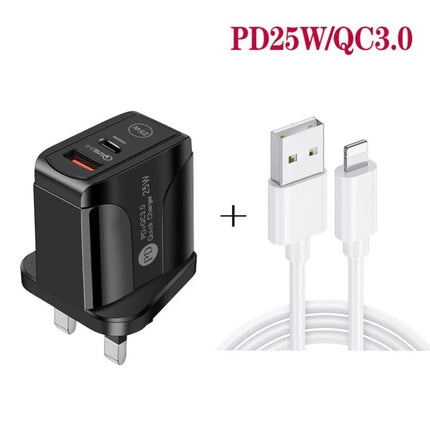 Compact UK Plug Dual Port Charger for Everyday Use – black PD25W QC3.0 wall charger with USB-C and USB-A cable