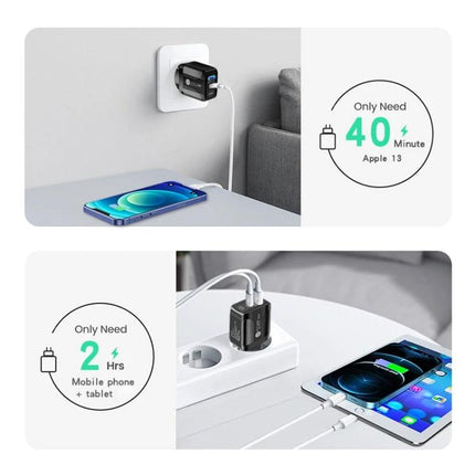 Compact UK Plug Dual Port Charger for Everyday Use plugged into UK socket charging phone and tablet, fast charge in compact black design