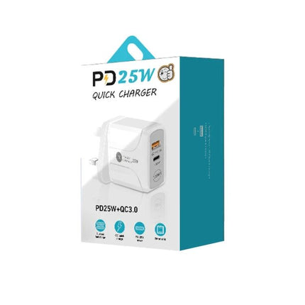 Compact UK Plug Dual Port Charger for Everyday Use - white PD25W quick charger with USB-C and USB-A ports in retail box