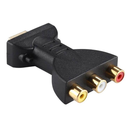 Gold-Plated HDMI to RCA Video Adapter for DVD and Projectors showing 24K gold-plated RCA connectors and HDMI plug for DVD players and projectors