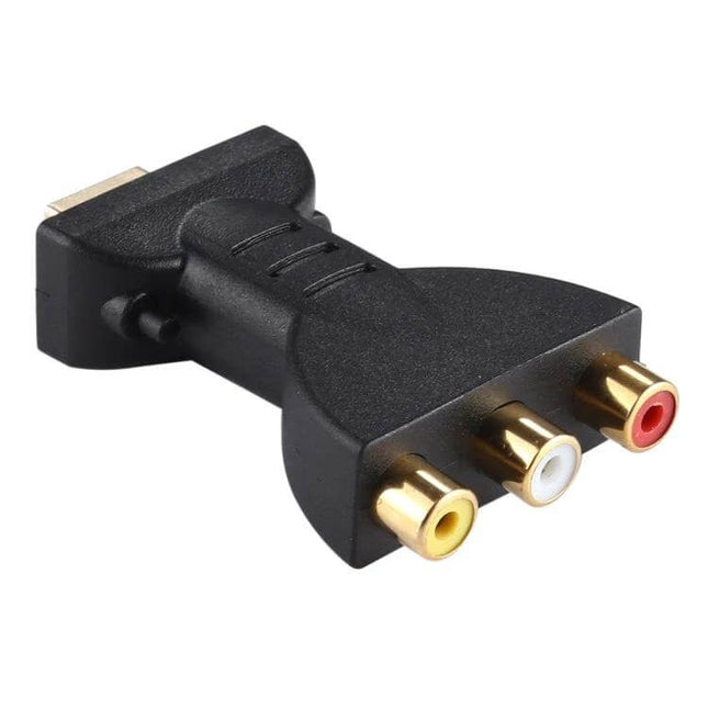 Gold-Plated HDMI to RCA Video Adapter for DVD and Projectors showing 24K gold-plated RCA connectors and HDMI plug for DVD players and projectors