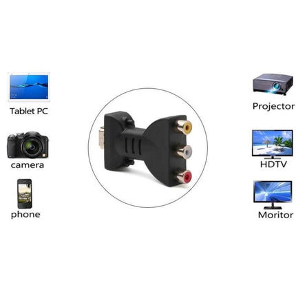 Gold-Plated HDMI to RCA Video Adapter for DVD and Projectors showing HDMI male to 3 RCA female connectors with 24K gold-plated contacts