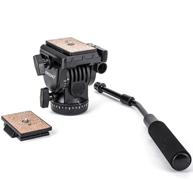 Yunteng Heavy Duty Tripod with Fluid Head for Video - close-up of fluid video head, quick-release plates and foam-padded pan handle
