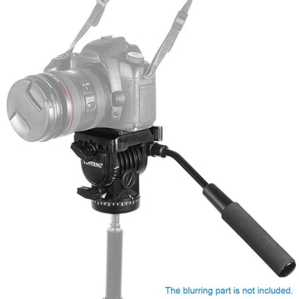 Yunteng Heavy Duty Tripod with Fluid Head for Video showing fluid head and pan handle on camera support