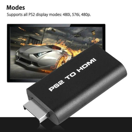 HDMI Converter for PS2 Gaming with 3.5mm Audio Output showing PS2-to-HDMI adapter next to HDTV displaying a racing game
