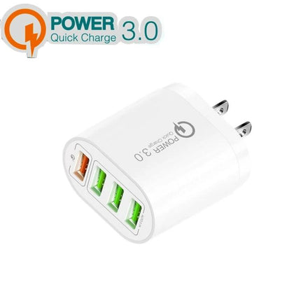 Multi-Port USB Charger for Daily Home and Travel Needs - white 30W QC3.0 wall charger with four USB ports (three green, one orange)