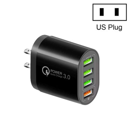 Multi-Port USB Charger for Daily Home and Travel Needs - black 4-port QC3.0 USB wall charger, US plug, 30W travel charger