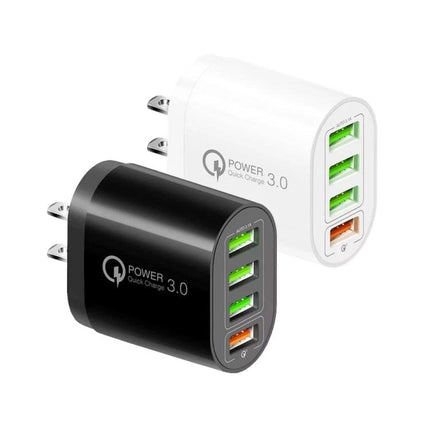 Multi-Port USB Charger for Daily Home and Travel Needs - compact 30W QC3.0 wall charger with three USB ports, shown in black and white