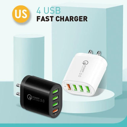 Multi-Port USB Charger for Daily Home and Travel Needs - 4-port QC3.0 fast charger in black and white, compact travel wall adapter up to 30W
