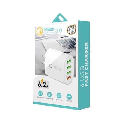 Multi-Port USB Charger for Daily Home and Travel Needs - white 4-port QC3.0 wall charger shown in retail box, 30W total, fast charging for phone tablet headphones