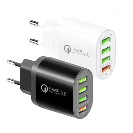 Multi-Port EU Charger for Everyday Device Powering at Home - compact 4-port EU wall charger in black and white for smartphones and tablets