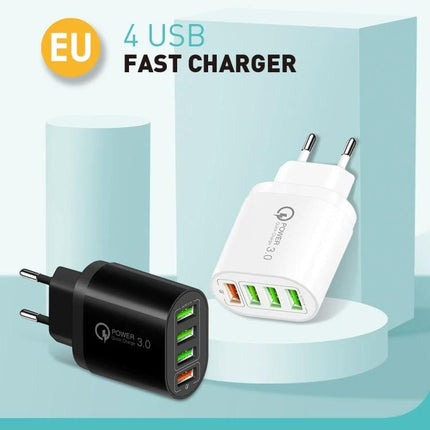 Multi-Port EU Charger for Everyday Device Powering at Home - white and black 4-USB fast chargers shown with EU plug