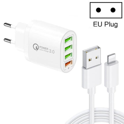 Essential Multi-Port USB Charger for Everyday Device Use - white EU plug 3-port USB charger with USB-A to Lightning cable