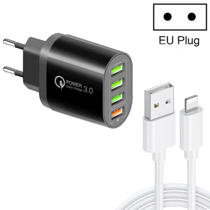 Essential Multi-Port USB Charger for Everyday Device Use - black 3-port EU plug charger with USB cable and Quick Charge 3.0 ports