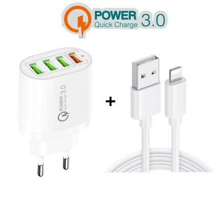 Essential Multi-Port USB Charger for Everyday Device Use white 3-port quick charge wall adapter with USB to Lightning cable