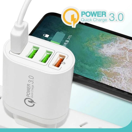 Essential Multi-Port USB Charger for Everyday Device Use white 3-port quick charge wall adapter powering smartphone and tablet
