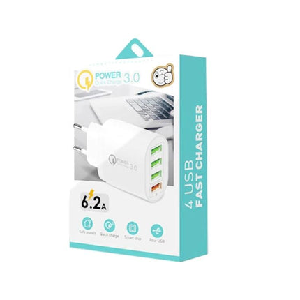 Essential Multi-Port USB Charger for Everyday Device Use - white 4-port fast USB wall charger in retail box, powers smartphone tablet and gadgets