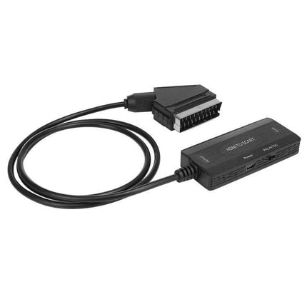 High-Definition HDMI to SCART Video Converter for Older TVs showing black converter box and SCART cable, plug-and-play connection for streaming devices
