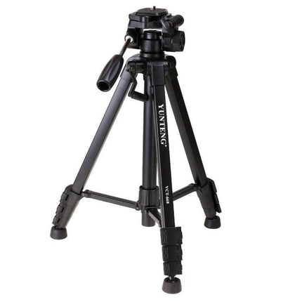 YUNTENG Aluminum Alloy Tripod for Stable Camera Support - compact black tripod with adjustable legs, bubble level and pan handle for steady outdoor shots