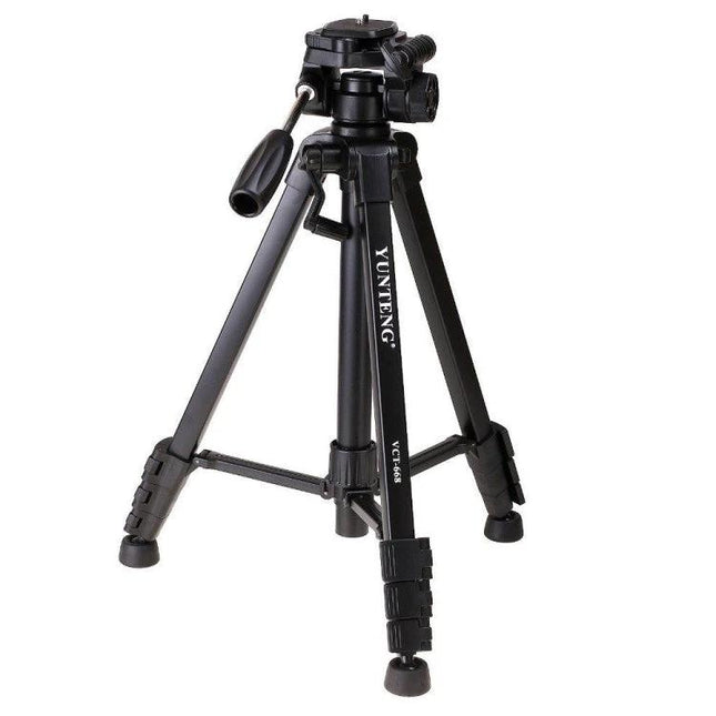 YUNTENG Aluminum Alloy Tripod for Stable Camera Support - compact black tripod with adjustable legs, bubble level and pan handle for steady outdoor shots