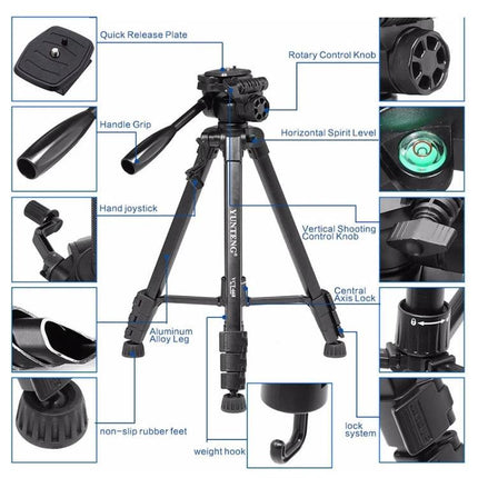 YUNTENG Aluminum Alloy Tripod for Stable Camera Support with adjustable legs, quick release plate, bubble level and non-slip rubber feet