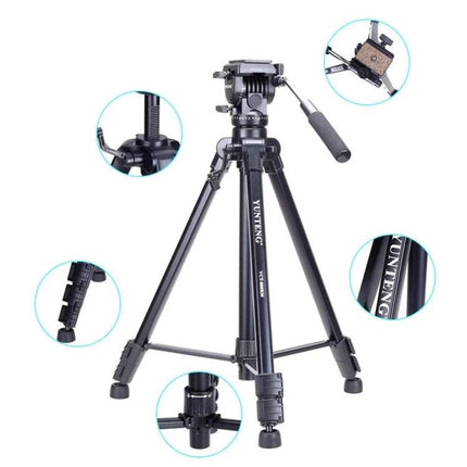Yunteng Aluminum Tripod for Everyday Photography and Video showing lightweight, adjustable aluminum legs, quick-release head and stabilizing center column